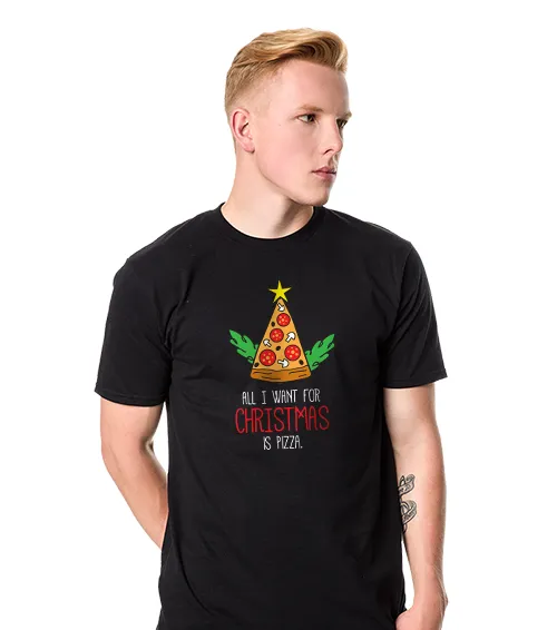 Męska Koszulka Czarna All I want for Christmas is Pizza