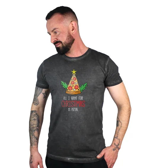 męska Koszulka vintage Czarna All I want for Christmas is Pizza