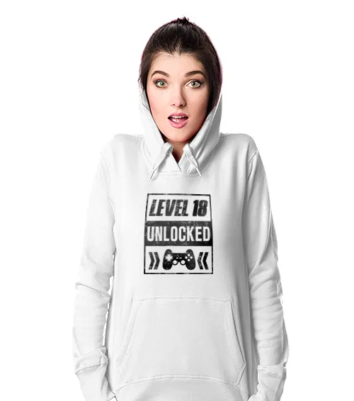 Bluza damska z kapturem ze wzorem Lvl 18 unlocked w kolorze białym