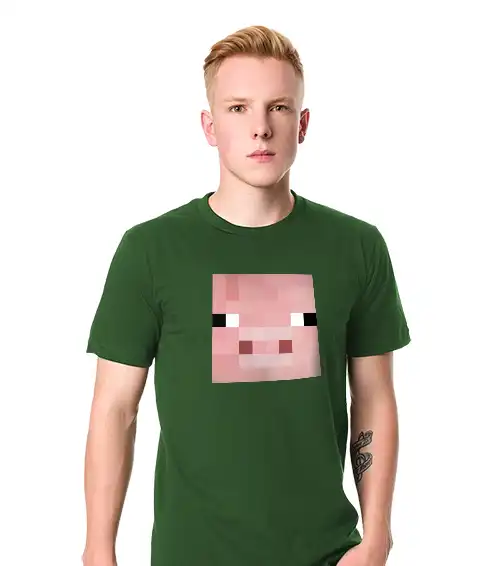Koszulka męska z krótkim rękawem w kolorze zieleni butelkowej z nadrukiem Minecraft świnia