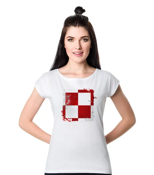 Koszulka damska z krótkim rękawem w kolorze białym ze wzorem patriotycznym szachownica lotnicza
